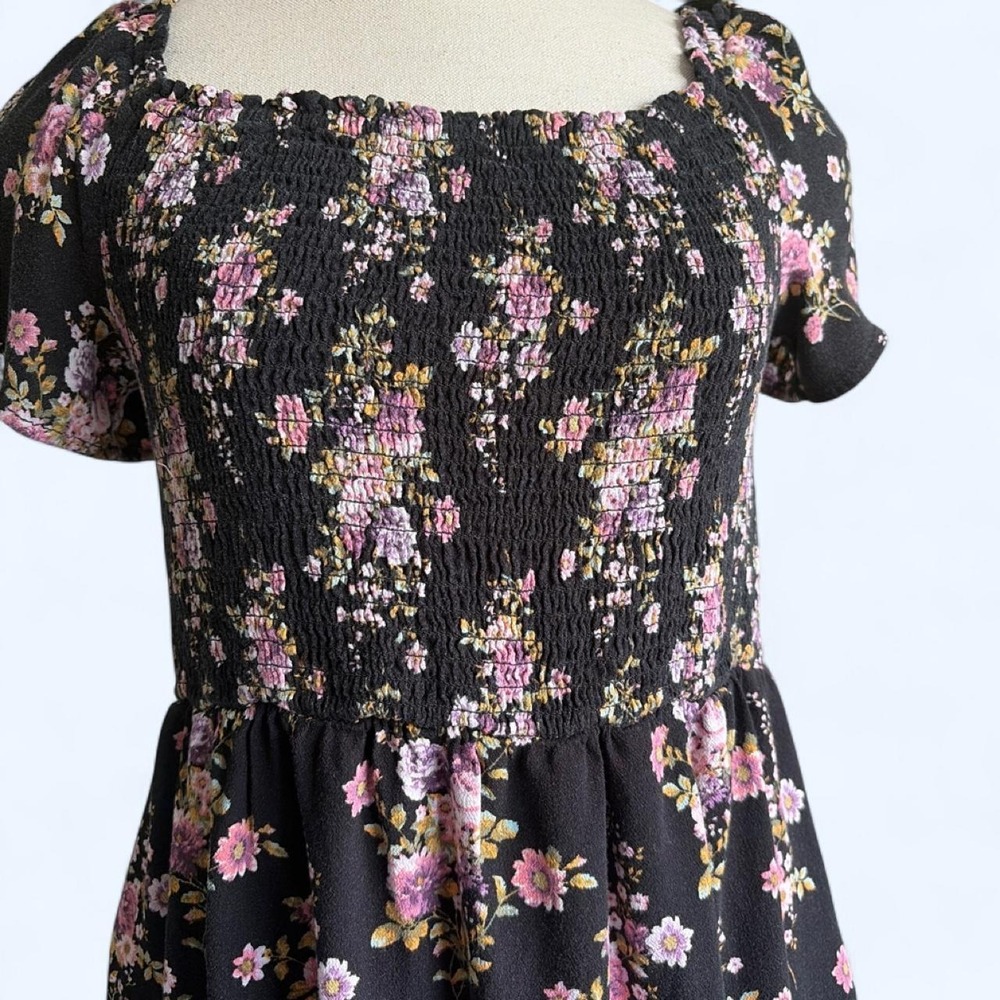 Jolt Floral Smocked Mini Dress Black Pink Rayon Boho Short Sleeve Large - Picture 2 of 7